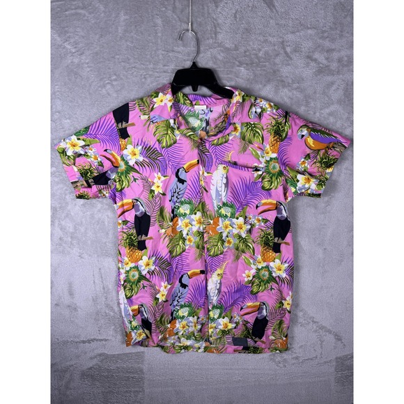 King Kameha Other - King Kameha Hawaiian Shirt Mens Large Pink Toucan Tropical Button Up Casual